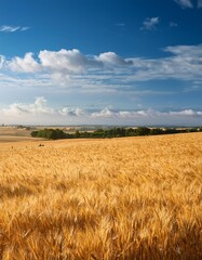 Golden wheat field under a blue sky with fluffy clouds during midday in a rural landscape
