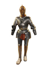 Medieval knight in full metal armor with helmet and protective suit showing historical combat gear and knightly equipment from ancient wars isolated on white background
