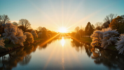 Serene river landscape with sunlit trees for blogs, websites, nature-themed designs, inspirational quotes, environmental awareness, and digital art presentations