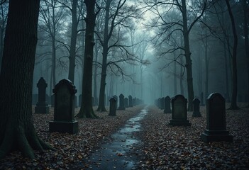 Old cemetery in the woods, rainy night 