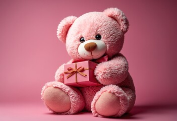 Pink teddy, sitting, pink background, studio, gift