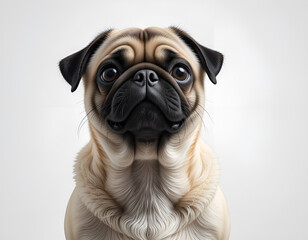 A cute pug with expressive eyes that looks at you with a friendly expression. His funny appearance lifts the mood.