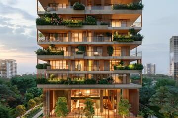 Obraz premium Urban high-rise features raw concrete, sleek glass, and greenery, reflecting light in a stylish space