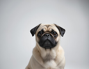 A cute pug with expressive eyes that looks at you with a friendly expression. His funny appearance lifts the mood.