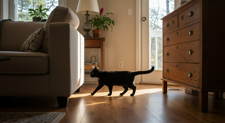 A real black cat walking at home, daylight some furniture with wide shot.