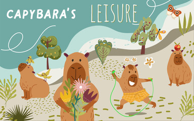 Collage, horizontal banner, background with cute capybara character, jump rope, bouquet, summer, trees, birds,. Hand drawn vector.