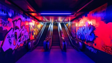 Naklejka premium Energetic subway station with vibrant graffiti, neon lights, and an escalator leading downwards