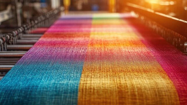 Colorful fabric weaving on a textile loom under warm sunlight