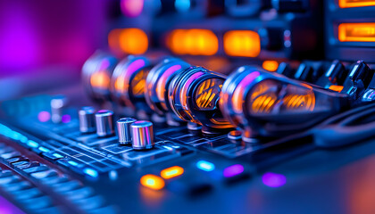 Studio mixing console with headphones, colorful lights, music production