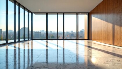 Fototapeta premium Empty and spacious room with large windows overlooking city skyline.