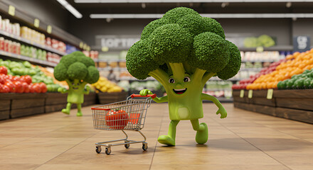 The image is a digitally created illustration or rendering of an anthropomorphic broccoli character pushing a shopping cart in a grocery store.