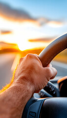 Sunset road trip Hand on steering wheel, driving towards sun