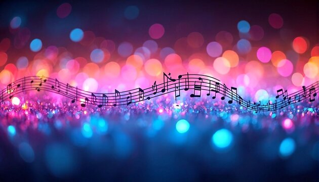 A musical staff with black notes on it sits in front of a background that features blue, pink and orange lights.