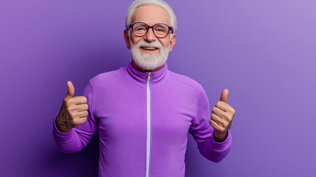 Elderly man dressed in bright purple sportswear isolated on solid background, active lifestyle, shows sign and direction with hands, engaging in a dynamic activity