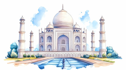 Taj Mahal India watercolor painting, travel destination