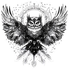Obraz premium Owl in flight, abstract art design, for apparel or decor