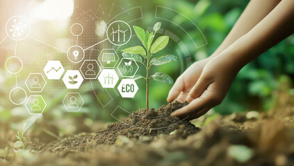 Fototapeta premium Hand nurturing young plants in rich soil while visual elements illustrate eco-friendly practices and sustainability innovations in gardening.