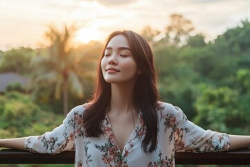 Fototapeta premium portrait of young woman standing on balcony arms outstretched embracing fresh morning air