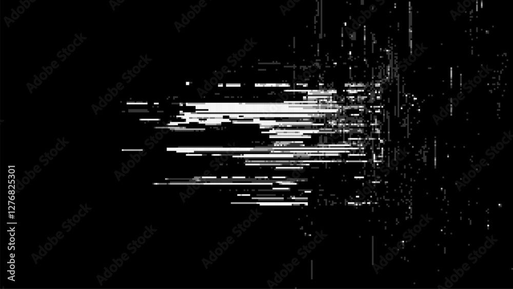 Poster White digital glitch lines on a black background., 8-bit video game style effects. glitch art. minimalistic, pixelated, static noise, digital data stream. white pixelated lines of code.