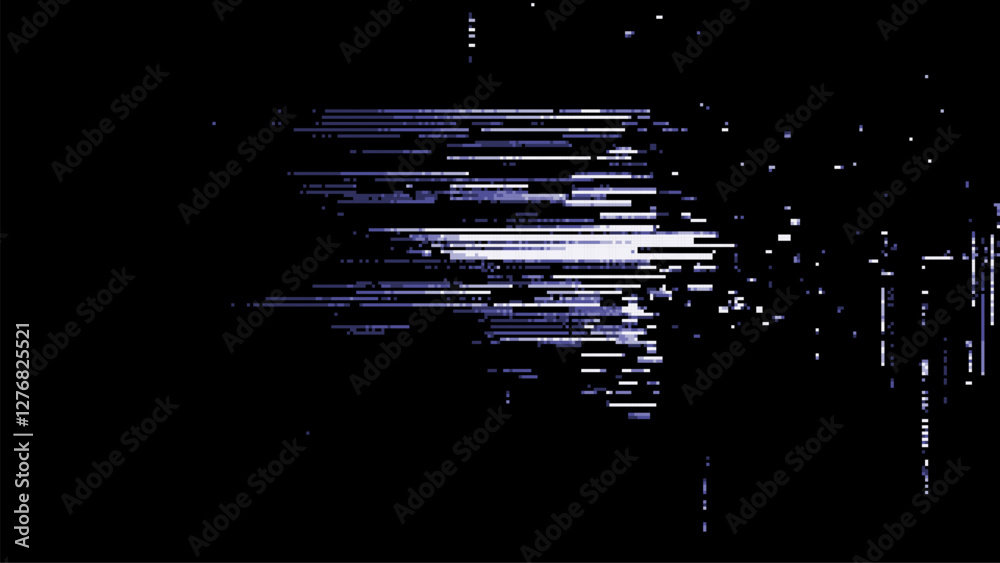 Poster 8-bit pixel art digital glitch effect on a black background. digital noise overlay. low resolution. video game assets. white glowing elements. vector graphics. 