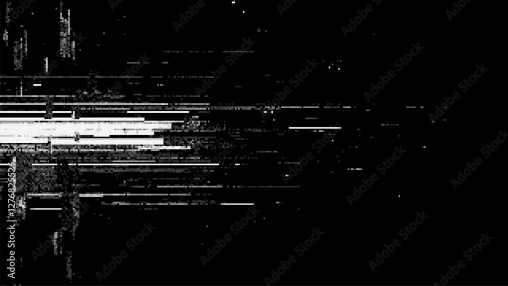 Aufkleber Black background with pixelated glitch lines. pixel art VHS style distortion. black and white video glitch. static noise texture overlay. vector graphics