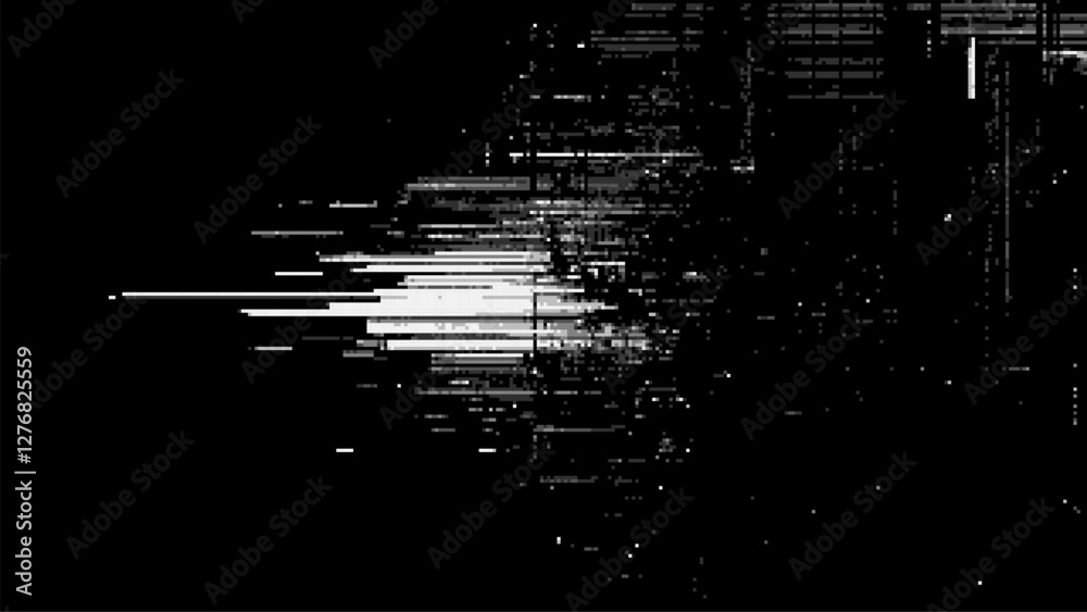 Aufkleber 8-bit pixel art black background with pixelated white lines, digital glitch. glitchy white lines. li