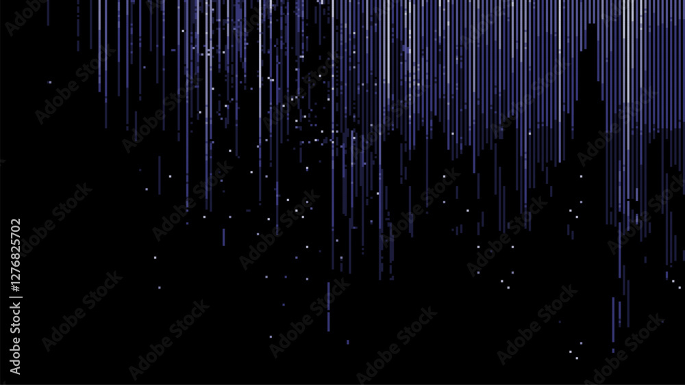 Poster pixel art depicting vertical rain falling on a black background. a glitch effect for a retro gaming 