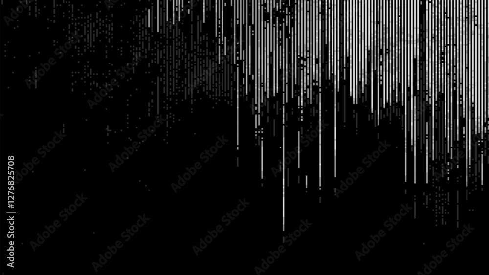 Poster Abstract vertical line texture with a pixelated effect on a black background. Digital vector glitch pattern for graphic design. pixel art banner template. 