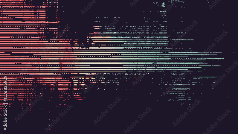 Poster Abstract digital background with pixelated lines in retro colors on a dark backdrop. glitch vector illustration. pixel art style. a data visualization concept. 