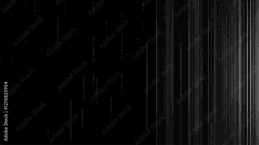 Poster A black background with vertical white lines. vector graphic. pixel art style. high noise and a grunge effect. randomly glitch art. minimalist design.