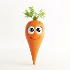 Cute 3D cartoon carrot with big eyes standing against white background featuring hyper-realistic details and fine rendering quality