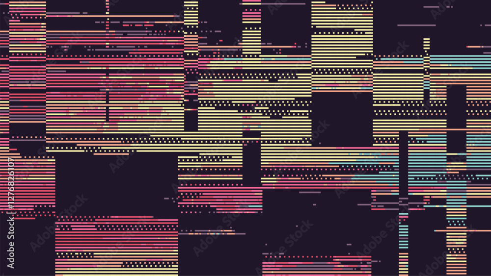 Fototapete Abstract glitch vector background with horizontal lines and squares in retro colors on a dark backdrop. Digital noise. pixel art mosaic texture design.