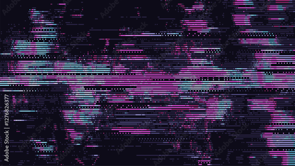 Poster 8-bit pixel art digital glitch art background. pixelated neon lines and distorted shapes. cyberpunk pattern. vector illustration. 