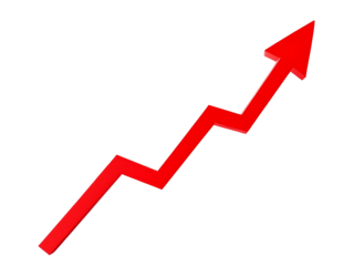 Red upward arrow graph showing rising trend isolated on white or transparent background.