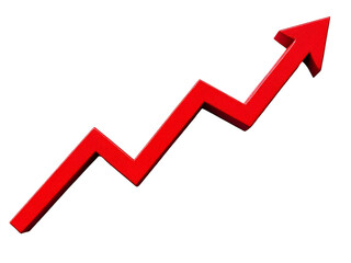 Red upward arrow graph showing rising trend isolated on white or transparent background.