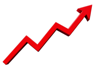 Red upward arrow graph showing rising trend isolated on white or transparent background.