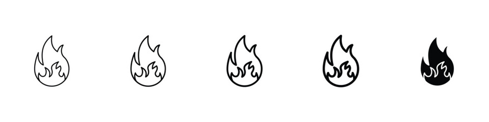 Set of 5 pixel perfect flame icon with 1 unexpanded, 1 silhouette, a sleek and modern flame icon with a simple, clean design.