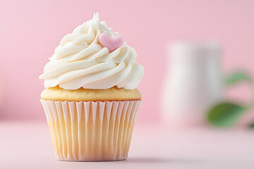 Vanilla cupcake, pink heart, cream frosting, pink background, romantic dessert