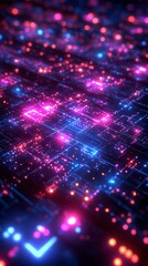 A vibrant, abstract digital landscape filled with glowing lights and intricate patterns, creating a futuristic and energetic atmosphere.