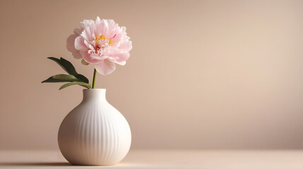 Single pink peony in a simple vase. The flower is soft and elegant, creating a calming scene.