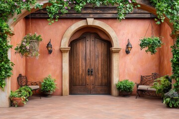 Fototapeta premium Elegant Mediterranean Courtyard with Warm Hued Walls and Greenery