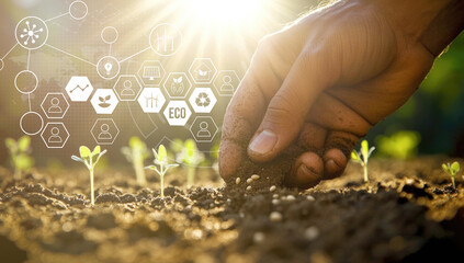 Fototapeta premium Hand nurturing young plants in rich soil while visual elements illustrate eco-friendly practices and sustainability innovations in gardening.