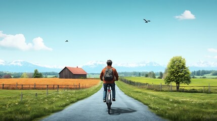 Obraz premium man riding bicycle scenic countryside road illustration