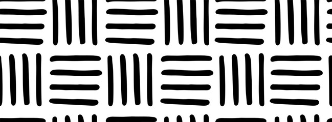Black strokes seamless pattern. Simple vector Hand drawn dashes alternation print. Wicker background template. Striped basket texture