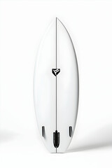 White surfboard studio shot, fins visible, isolated background, for website product