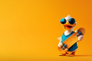 Obraz premium Retro Duck in Sunglasses Proudly Holding Skateboard