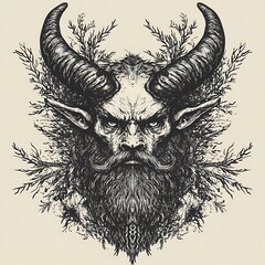 Obraz premium Demonic portrait, horned, bearded, framed design. Possible use Gothic art print
