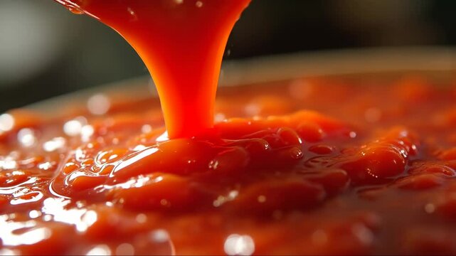 Spoonful of red sauce is poured into a bowl of food. The sauce is thick and has a rich, deep red color. The bowl is filled with a variety of food items