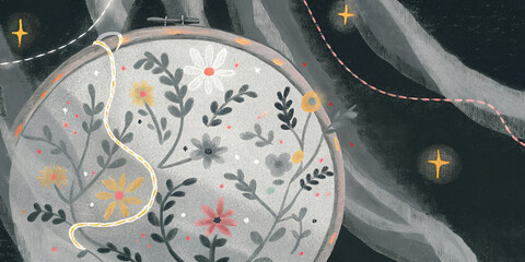Embroidery hoop art celebrating national craft month with floral designs