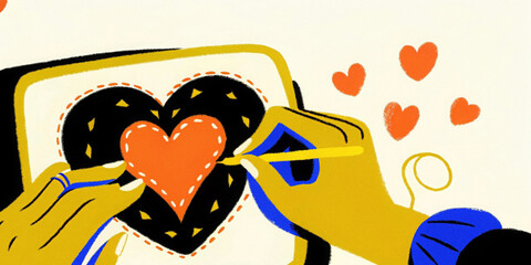 Celebrating national craft month with hands stitching heart design for diy projects